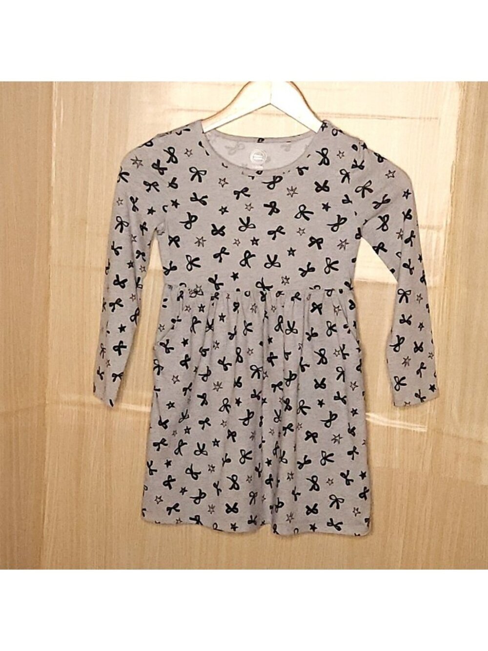 Wonder Nation Girls Grey Black Bow Knit Long Sleeve Dress 6-6X